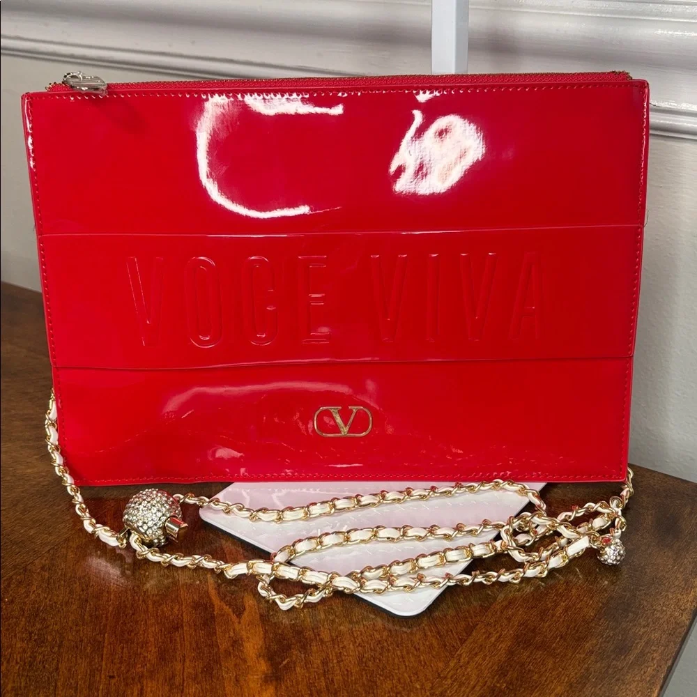 VALENTINO VOCE VIVA Red Patent Clutch with Elegant Gold Crossbody Chain - Picture 10 of 14